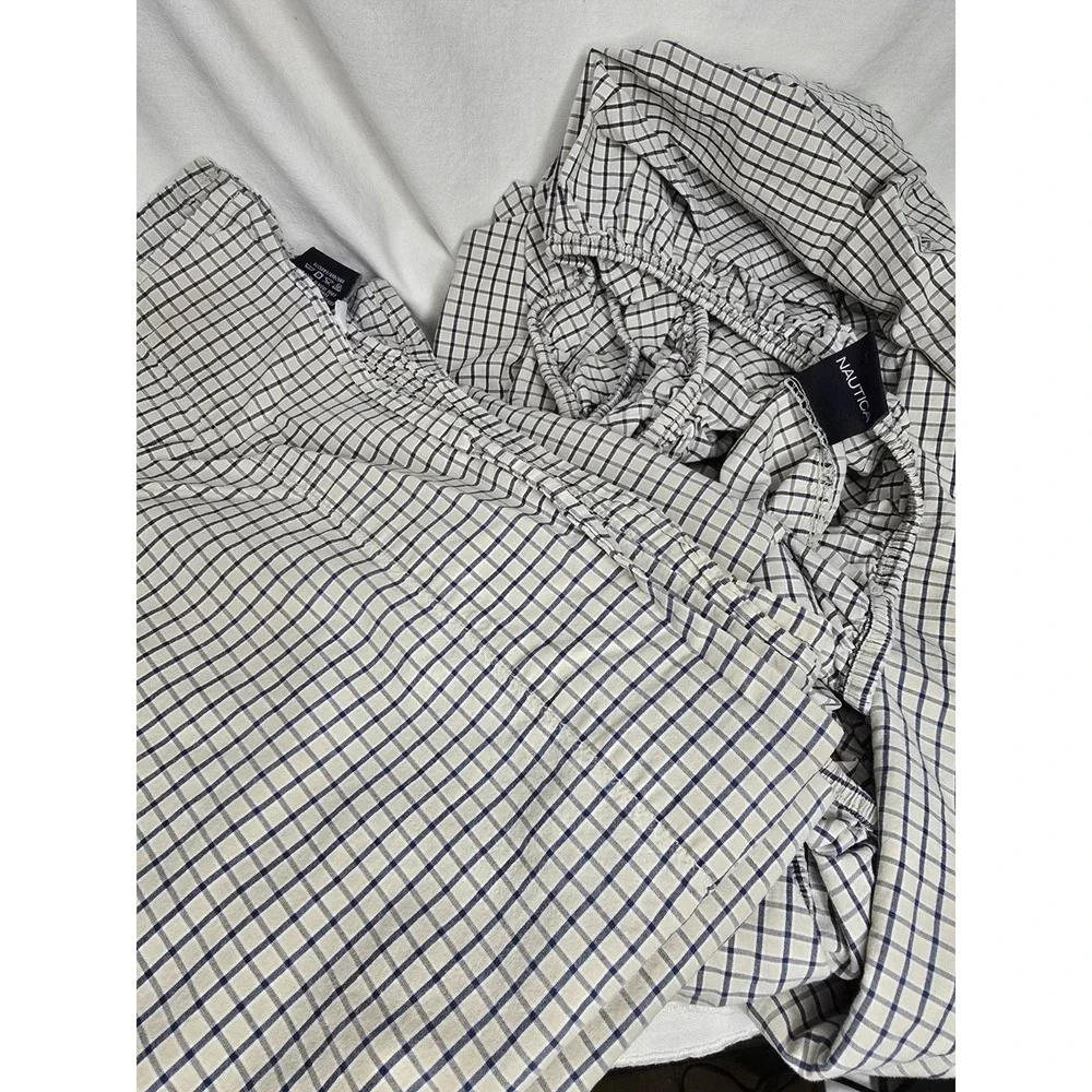 Nautica Blue Tan Check Twin Sheet Set Fitted And Flat‎  EUC